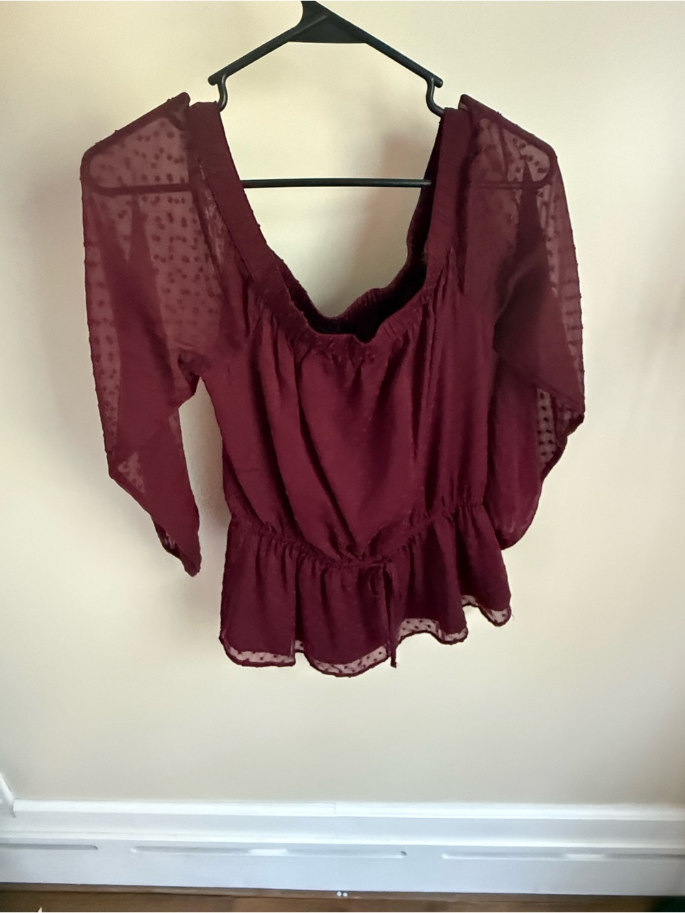 Abercrombie & Fitch Burgundy Sheer Dotted Peasant Top
